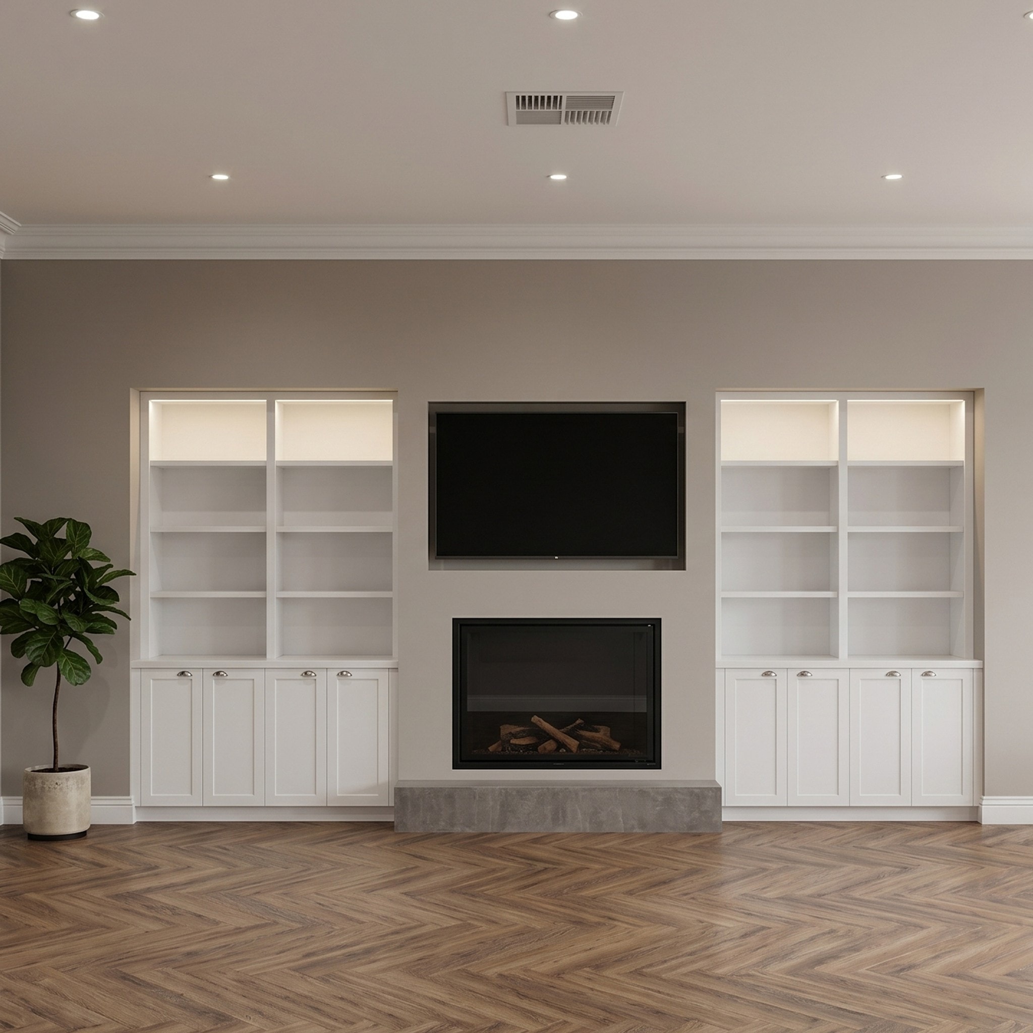 White built-in joinery fitted into two wall recesses, with lit open shelves over shaker cupboards beside a fireplace