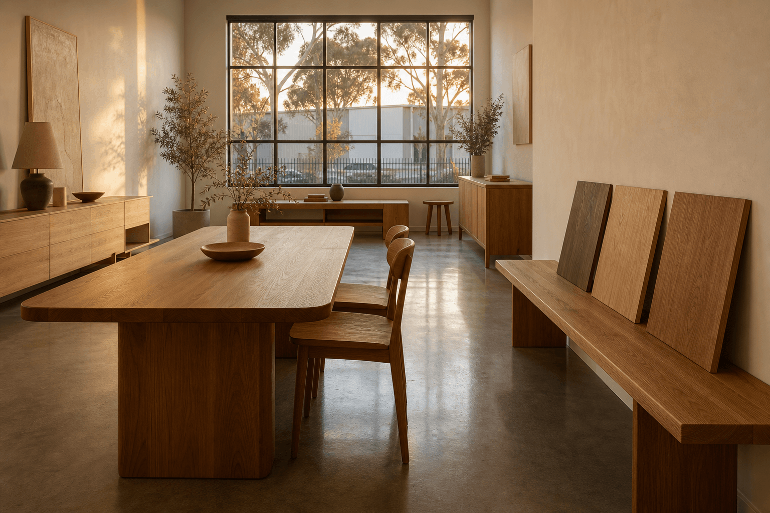 Goldenwood showroom in Wetherill Park at late afternoon, dining table and sample boards in golden light