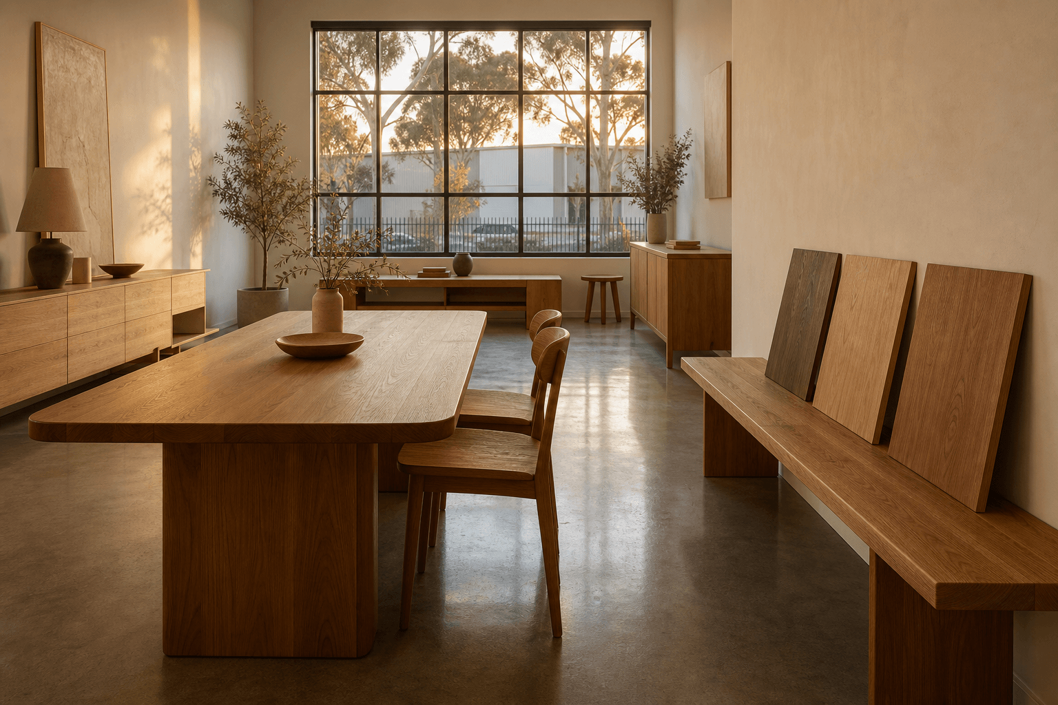 Goldenwood showroom in Wetherill Park at late afternoon, dining table and sample boards in golden light
