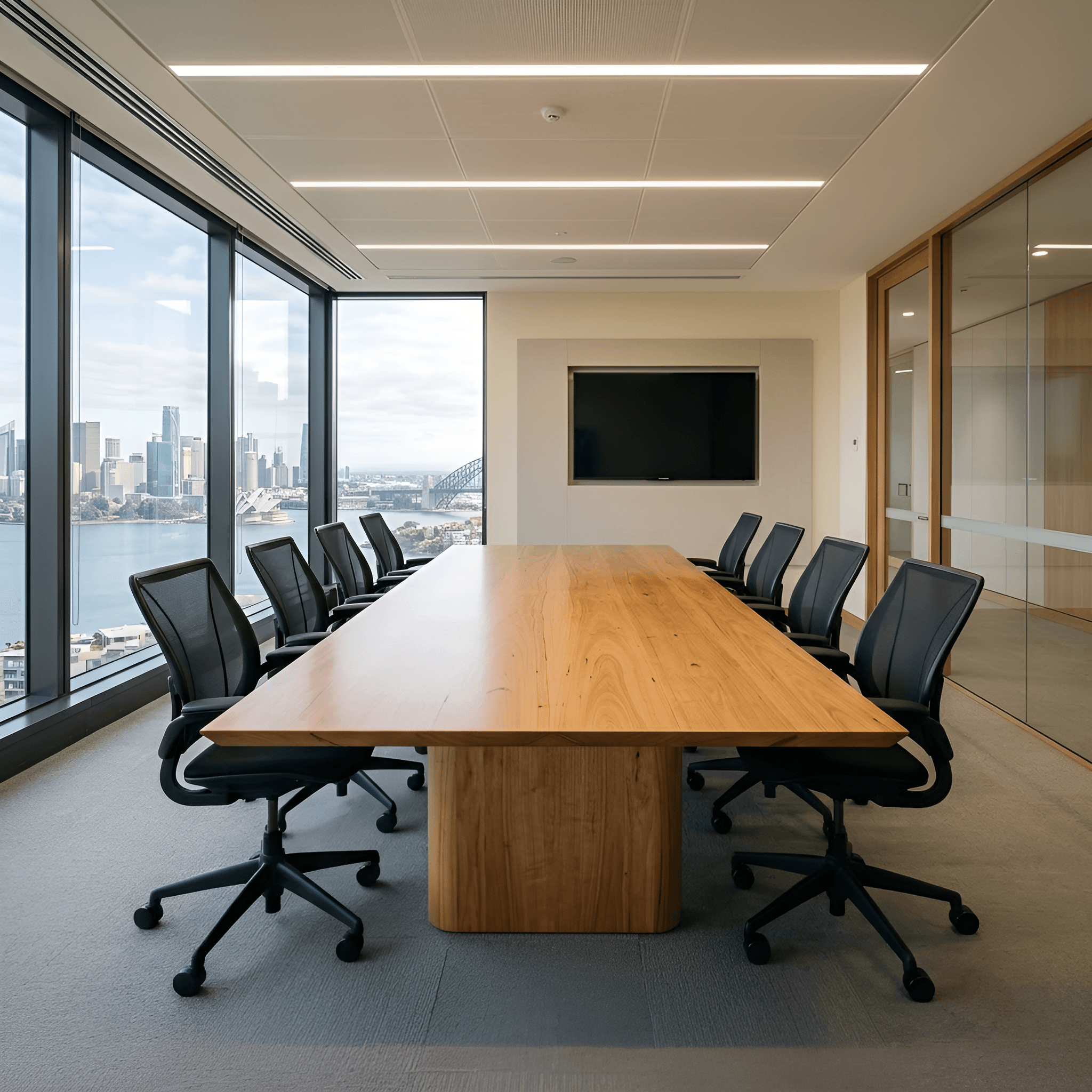 A boardroom table with a book-matched solid timber top on a sculpted plinth base