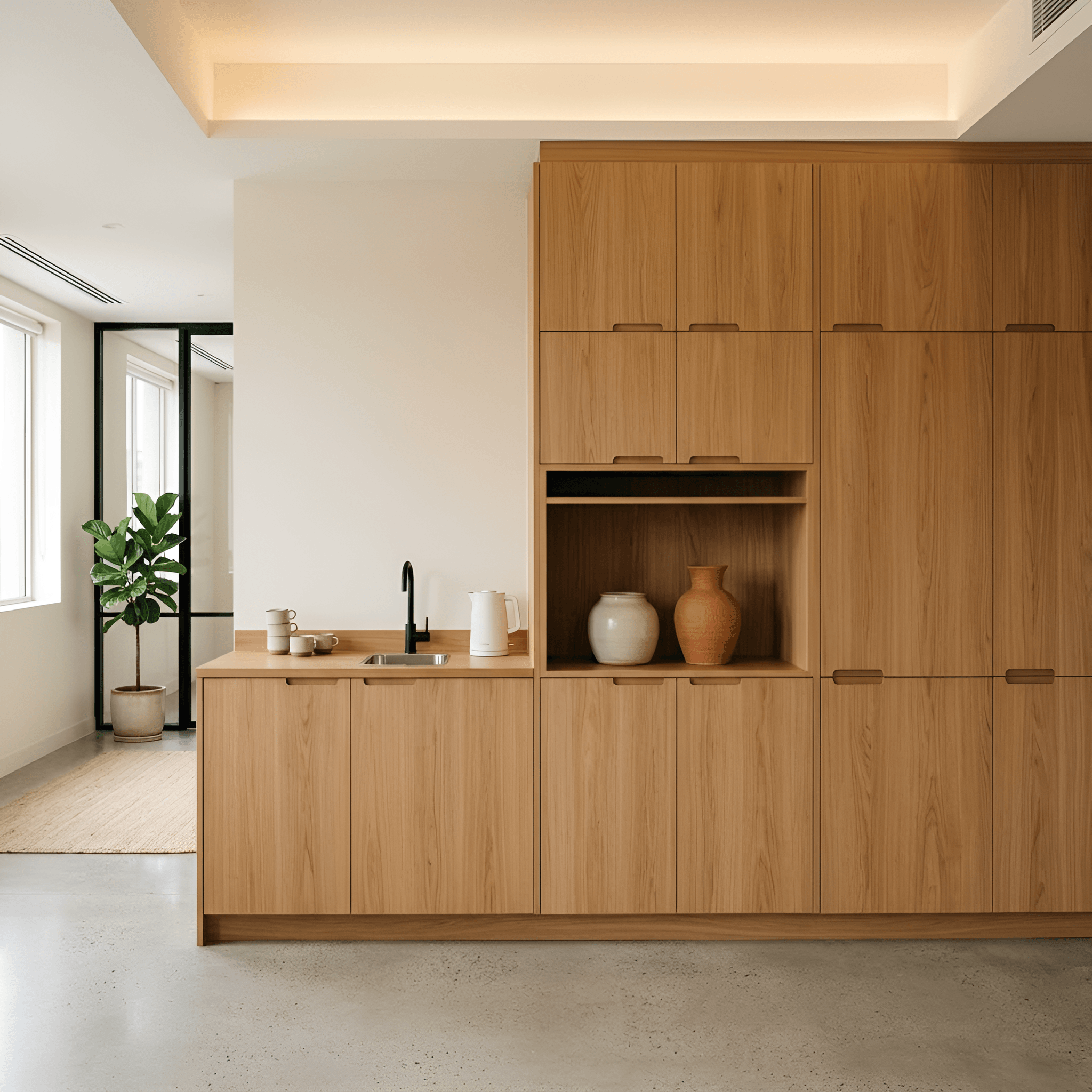 A full-height office storage wall in Australian oak with recessed finger pulls