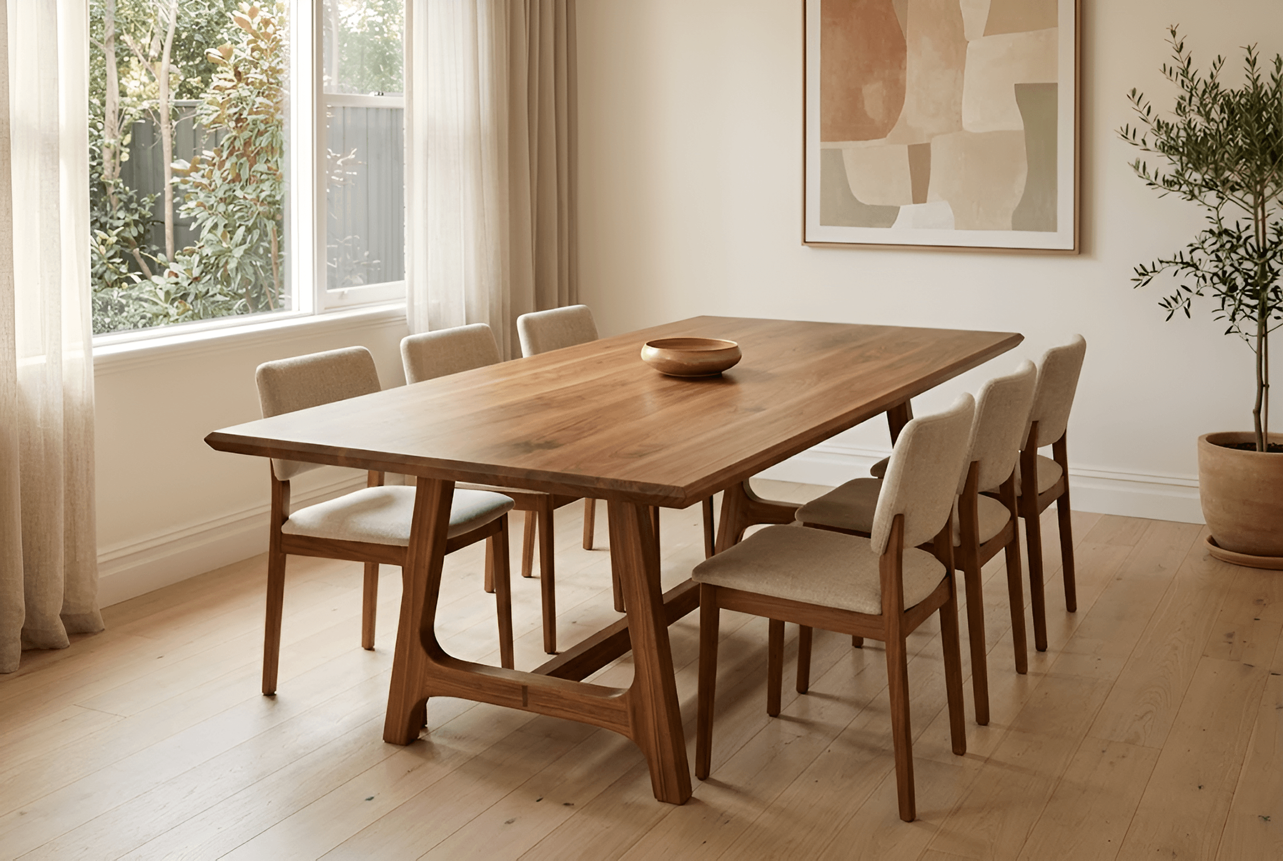 Bespoke solid timber dining table with sculpted trestle legs and linen chairs in a Sydney home