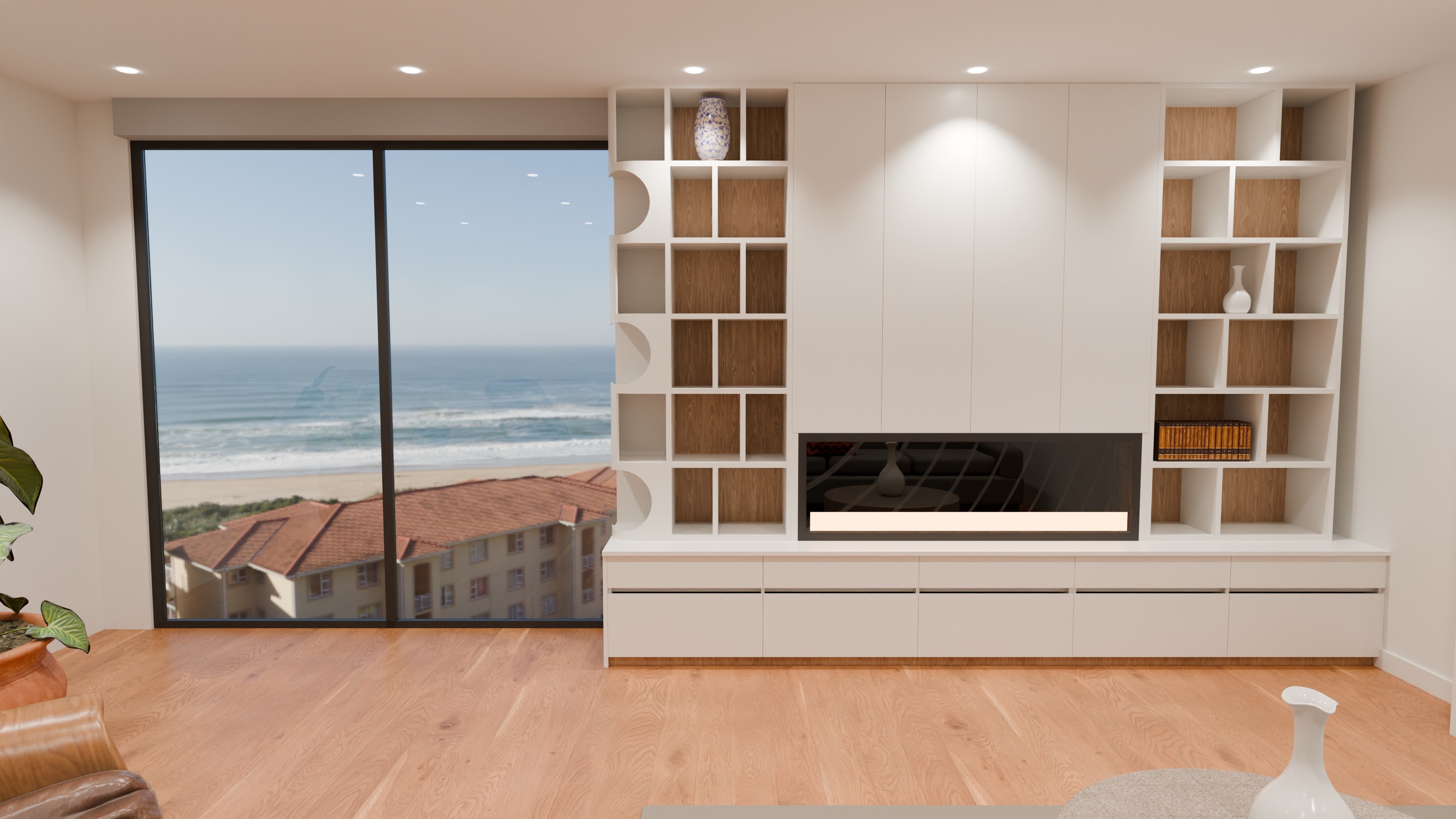 The fireplace wall as drawn: open shelving either side of the fireplace, above a run of white drawers